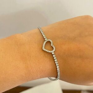 Heart cz silver tone adjustable sterling silver bead bracelet